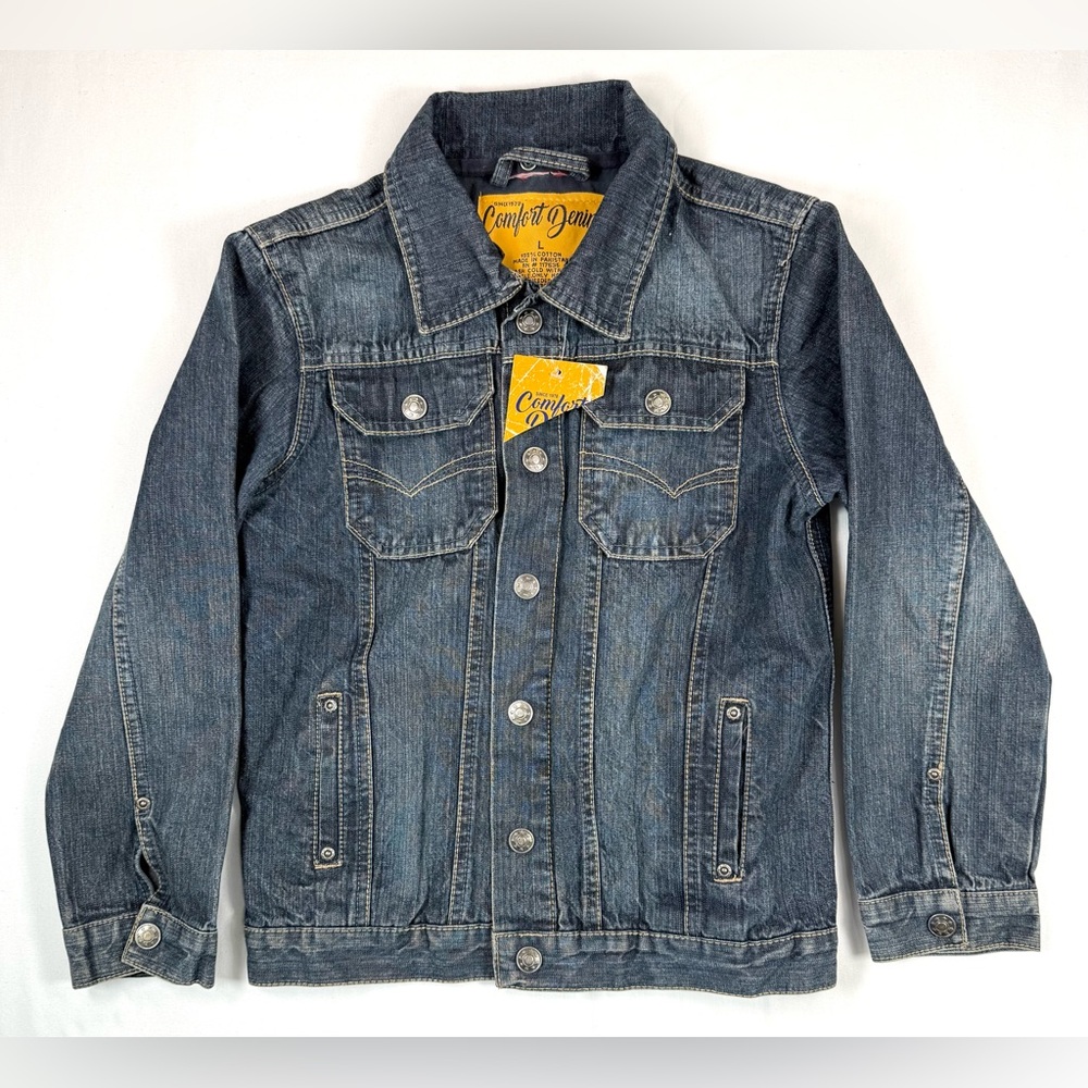 NWT COMFORT DENIM Kids Jean Trucker Jacket L Vintage Style Blue‎ Wash NEW Unisex
